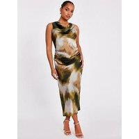 Quiz Petite Khaki Satin Printed Midaxi Dress