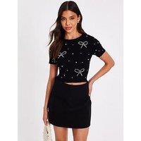 Quiz Black Knitted Pearl Crop Top