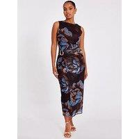 Quiz Petite Brown Floral Mesh Midaxi Dress