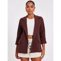 Quiz Petite Brown Ruched Sleeve Blazer