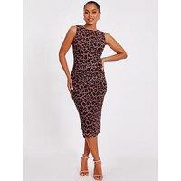 Quiz Petite Brown Mesh Leopard Print Midi Dress