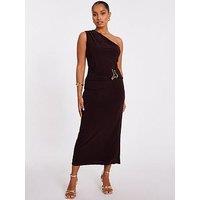 Quiz Petite Brown One Shoulder Ruched Dress