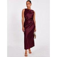 Quiz Petite Dark Red Satin Ruched Midaxi Dress