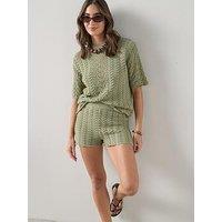 The Very Collection Cotton Rich Short Sleeve Stitch Interest Jumper - Sage Green