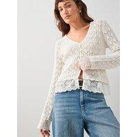 The Very Collection Cotton Rich Pointelle V Neck Cardigan With Lace Trim - Cream