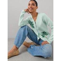 The Very Collection V Neck Palm Bead Embroidery Cardigan - Green