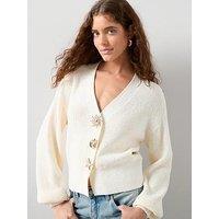 The Very Collection Cotton Rich Button Interest V Neck Cardigan - Cream