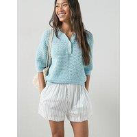 The Very Collection Cotton Rich Half Placket Short Sleeve Jumper - Light Blue