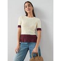 The Very Collection Short Sleeve Colour Block Peplum Tape Yarn Knitted Top - Cream/Burgundy