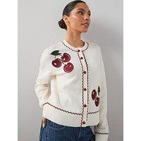 The Very Collection Cotton Rich Cherry Embroidered Long Sleeve Cardigan - Cream