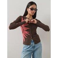 The Very Collection Crew Neck Flower Jacquard Cardigan - Chocolate/Pink