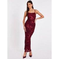 Quiz Dark Red Floral Applique Midaxi Dress