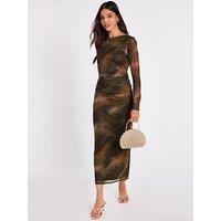 Quiz Khaki Printed Long Sleeve Midaxi Dress