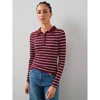 The Very Collection Collar Detail Long Sleeve Stripe Rib Top - Red