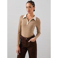 The Very Collection Collar Detail Long Sleeve Rib Top - Brown
