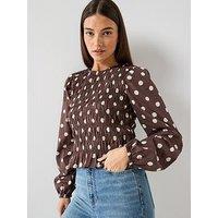 Vero Moda Polka Dot Long Sleeve Shirred Top - Brown