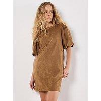 Apricot Suede Mini Puff Sleeve Dress - Brown