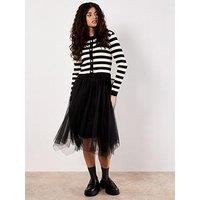 Apricot 2In1 Stripe Cardi Tulle Skirt Dress - Black