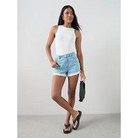 The Very Collection Broderie Trim Distressed Hem Denim Shorts - Mid Wash