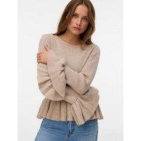 Vero Moda Georgia Long Flared Ruffle Sleeve Knitted Top - Beige