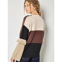 Apricot Mixed Cable Patchwork Fringe Jumper - Brown