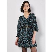 Apricot Ditsy Floral Ikat Ruffle Dress - Red