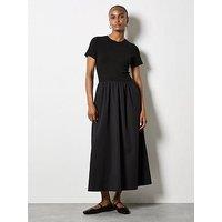 Apricot Ribbed Top Poplin Skirt Midaxi Dress - Black