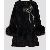 River Island Older Girls Fur Cuff Sequin Bow Skater Dress - Black