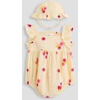 The Very Collection Baby Girl Floral Print Angel Sleeve Romper And Hat Set - Cream