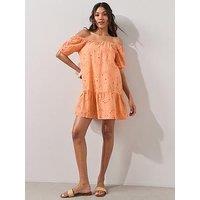 The Very Collection Embroidered Bardot Beach Dress - Orange