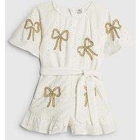 River Island Older Girls Velvet Bow Embellished Playsuit - Cream