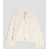 River Island Older Girls Hooded Faux Fur Bomber Jacket - Cream