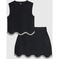 River Island Older Girls Embellished Scallop Trim Skirt Set - Black