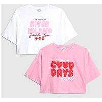 River Island Older Girls 2 Pack Graphic Crop Tops - White/Pink