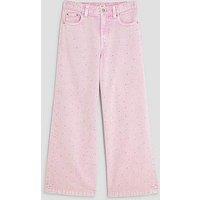River Island Older Girls Diamante Washed Wide Leg Jeans - Pink