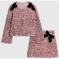 River Island Older Girls Sequin Bow Long Sleeved Skirt Set - Pink