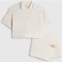 River Island Older Girls Sequin Polo Top And Skort Set - Cream