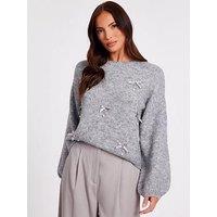 Quiz Grey Knitted Pearl Bow Jumper