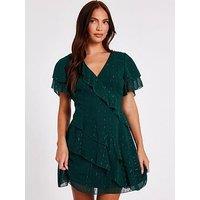 Quiz Bottle Green Chiffon Ruffle Mini Dress