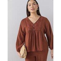 The Very Collection Curve Embroidered V Neck Blouse Co-Ord - Brown