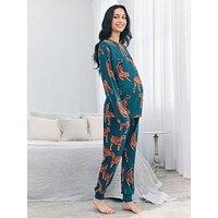Chelsea Peers Maternity Long Sleeve Crew Neck Set With Tiger Print In Polyester