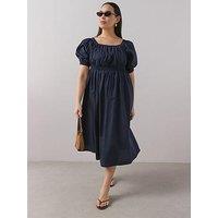 The Very Collection Curve Shirred Waist Short Sleeve Midi Dress - Blue