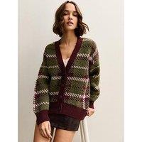 New Look Check Pattern Knitted Boyfriend Cardigan - Green