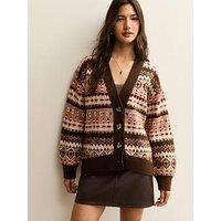 New Look Fairisle V-Neck Cardigan - Brown