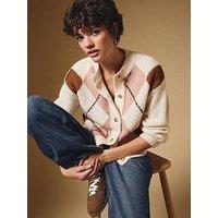 New Look Argyle Pattern Crew Neck Cardigan - Cream