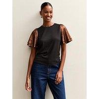 New Look Soft Touch Metallic Flutter Sleeve Top - Brown