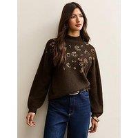 New Look Sequin Animal Motif Mock Neck Jumper - Brown