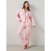 The Very Collection Embroidered Stripe Jersey Revere Pyjama Set - Pink