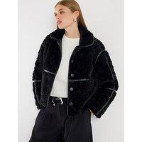 River Island Pu Seam Detail Borg Jacket - Black