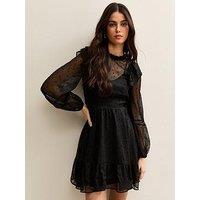 New Look Black Dobby Ruffle Long Sleeve Mini Dress